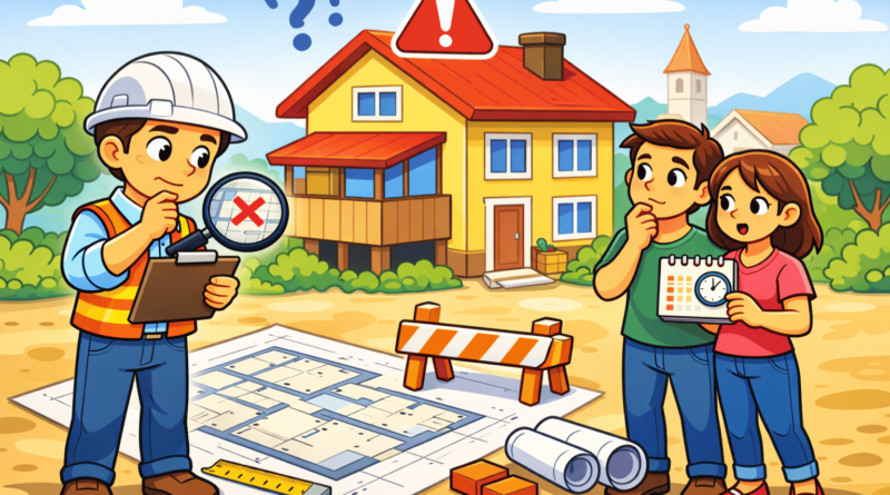 Illustrazione di tecnico che verifica una difformità in planimetria davanti a una casa, con acquirenti preoccupati per tempi di regolarizzazione