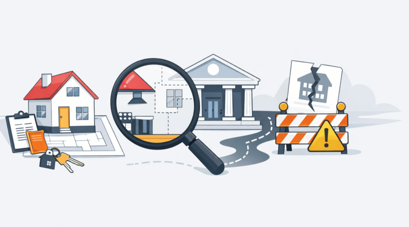 Illustrazione minimal di casa con lente di ingrandimento e blocco lavori che rappresenta difformità urbanistiche e problemi in perizia bancaria che possono bloccare il mutuo.