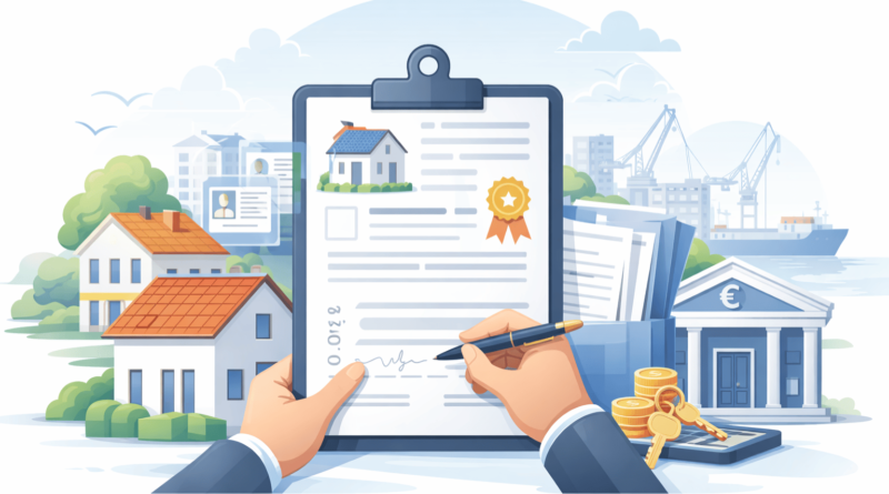 Illustrazione minimal professionale dei documenti necessari per mutuo a Monfalcone 2026 con casa, banca e fascicolo documentale per acquisto immobiliare tramite agenzia