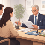 Cliente davanti al notaio durante la spiegazione di un atto immobiliare prima della firma