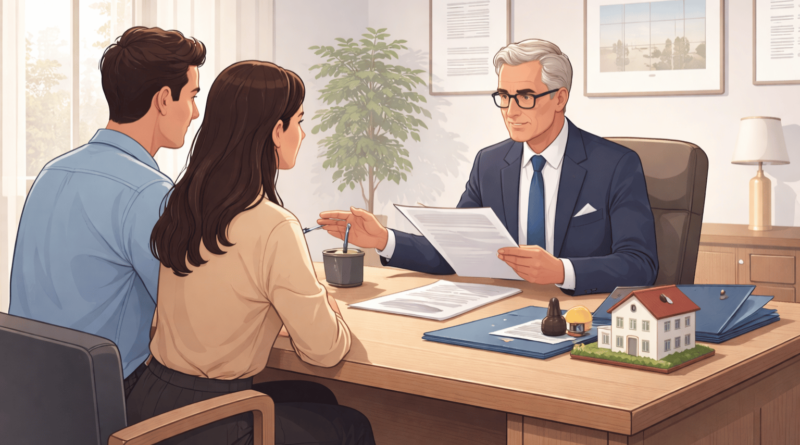 Cliente davanti al notaio durante la spiegazione di un atto immobiliare prima della firma