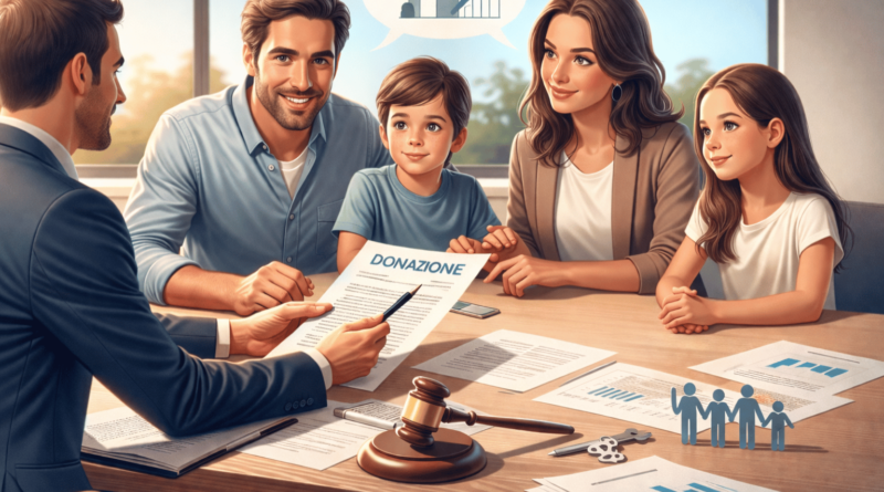 Consulenza familiare su donazione ai figli nel 2026 con documenti e pianificazione patrimoniale in ufficio, valutazione pro e contro della donazione immobiliare