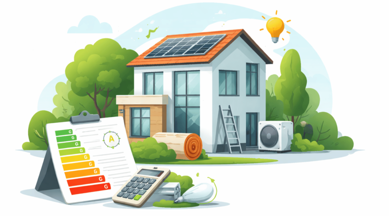 Illustrazione minimal di casa efficiente con pompa di calore, infissi isolanti e classe energetica per Ecobonus casa 2025-2026