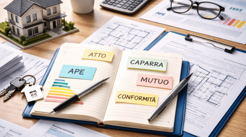 Glossario immobiliare per chi compra casa per la prima volta con documenti, planimetrie, chiavi di casa e termini come caparra, atto, mutuo e APE evidenziati