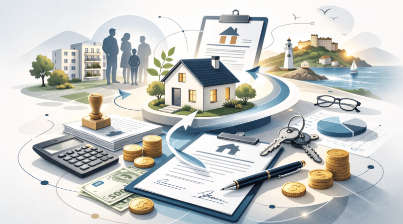 Illustrazione concettuale delle imposte sulla successione immobiliare con casa ereditata, documenti fiscali, tasse e calcolo del valore catastale