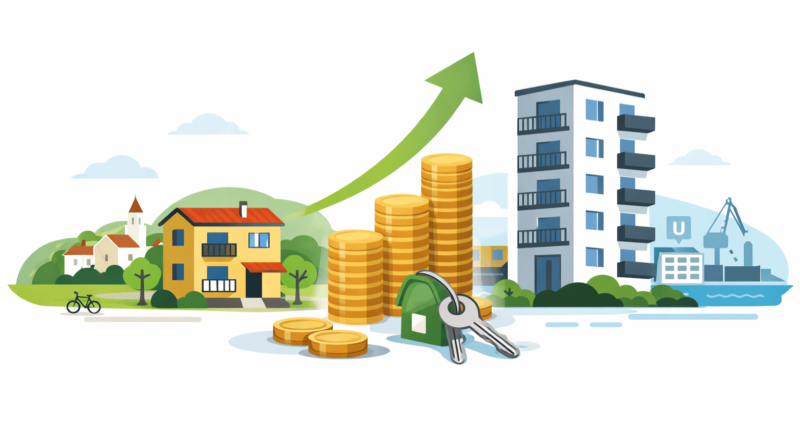 Illustrazione minimal investimento immobiliare in affitto tra provincia di Gorizia e provincia di Trieste con palazzine, monete e chiavi simbolo di rendimento e riduzione del rischio di sfitto.