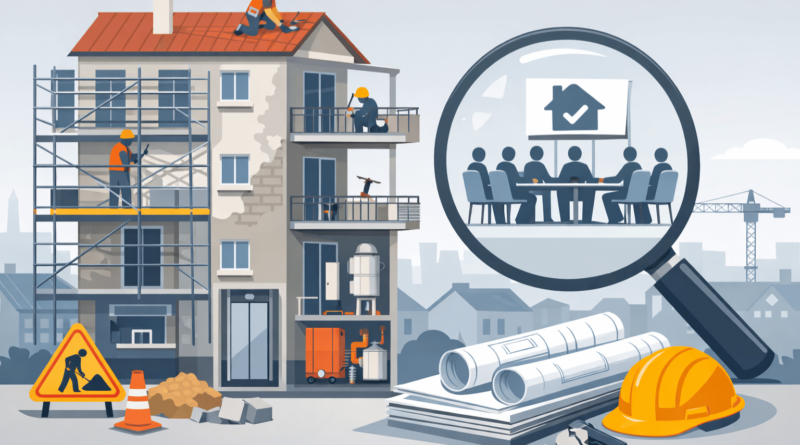 Illustrazione di condominio con ponteggi e lavori straordinari in corso, assemblea condominiale deliberativa evidenziata da lente di ingrandimento, documenti e chiavi in primo piano per verifica lavori prima di acquistare casa.