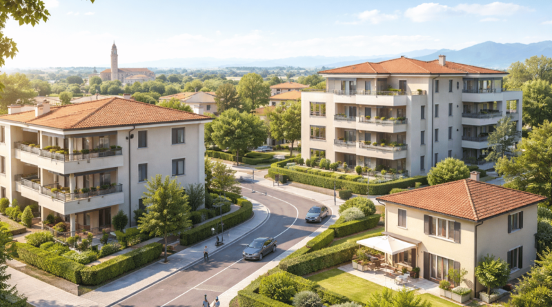 Vista residenziale di Staranzano con appartamenti moderni e case indipendenti, esempio di mercato immobiliare funzionale e domanda reale nell’Isontino