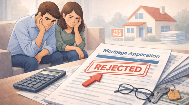 Coppia davanti a una pratica di mutuo respinta con documenti finanziari, casa sullo sfondo e simboli legati all’acquisto immobiliare.