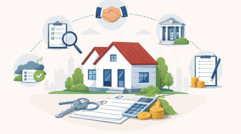 Illustrazione del percorso corretto per comprare casa: visita dell’immobile, proposta di acquisto, richiesta di mutuo, perizia bancaria e rogito notarile