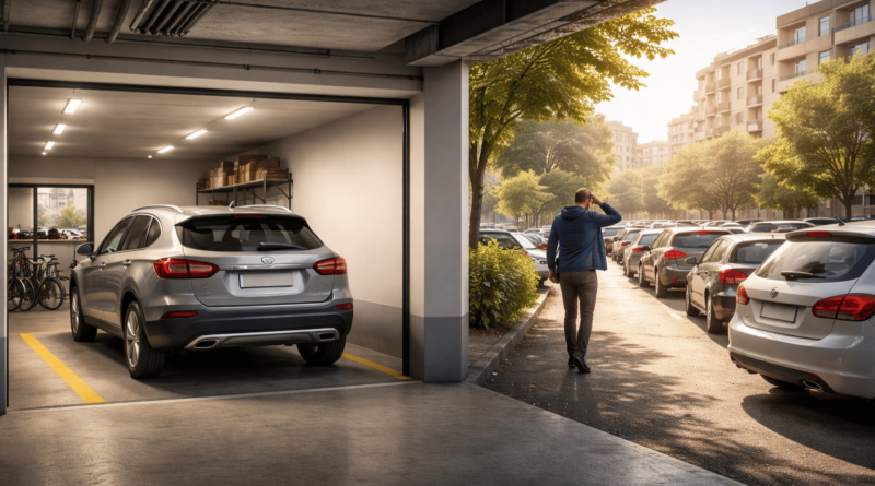 Confronto tra box auto privato e parcheggio su strada affollato: la disponibilità di posto auto incide su prezzo e tempi di vendita di un immobile