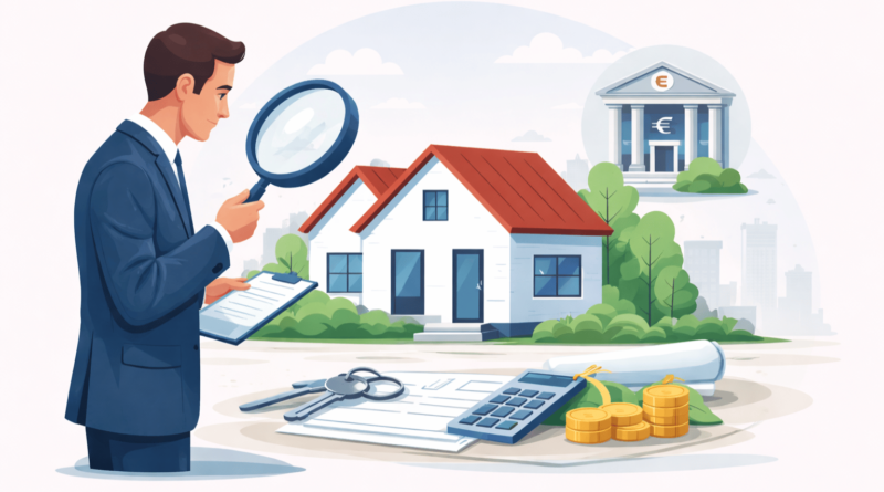 Illustrazione di un perito bancario che valuta un immobile per il mutuo analizzando valore, documenti e condizioni della casa