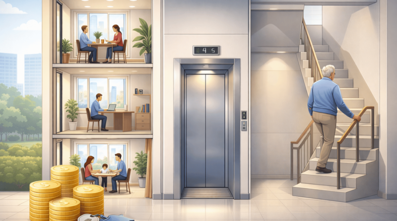 “Edificio residenziale con diversi piani, ascensore e scale interne: rappresentazione dell’impatto del piano e dell’ascensore sul valore dell’appartamento.”