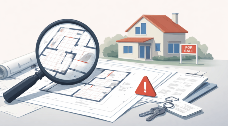 Illustrazione tecnica di una planimetria catastale non conforme con lente di ingrandimento, casa in vendita e simbolo di avviso, che rappresenta i problemi di conformità catastale nella compravendita immobiliare.