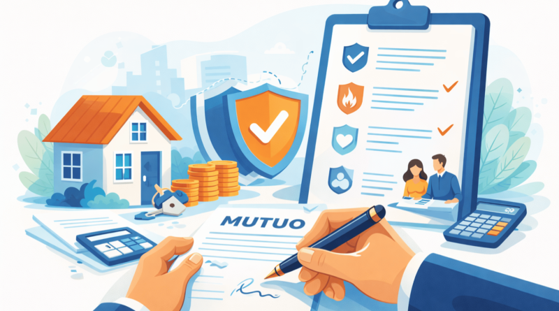 Firma contratto di mutuo con casa, scudo assicurativo e documenti: rappresentazione delle polizze obbligatorie e facoltative collegate al mutuo, come incendio e scoppio e CPI.