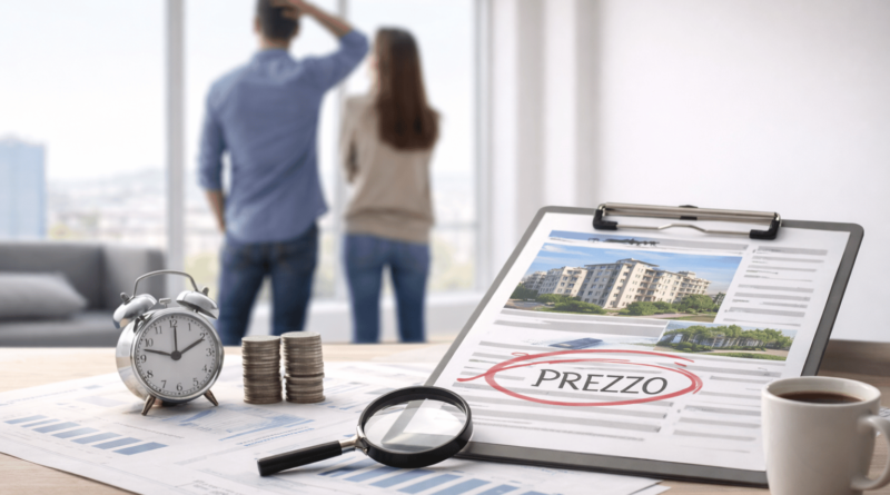 Documento di vendita immobiliare con la parola “prezzo” evidenziata, orologio, monete e lente di ingrandimento su scrivania, simbolo di analisi del prezzo troppo alto prima di pubblicare un annuncio.