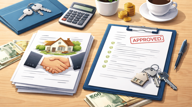 Illustrazione minimal di documenti per compravendita immobiliare con contratto, checklist, chiavi di casa e calcolatrice, ideale per spiegare differenza tra proposta d’acquisto e preliminare (compromesso).