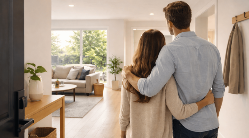 Coppia che entra in una casa luminosa durante una visita immobiliare valutando la prima impressione, gli spazi e la qualità abitativa