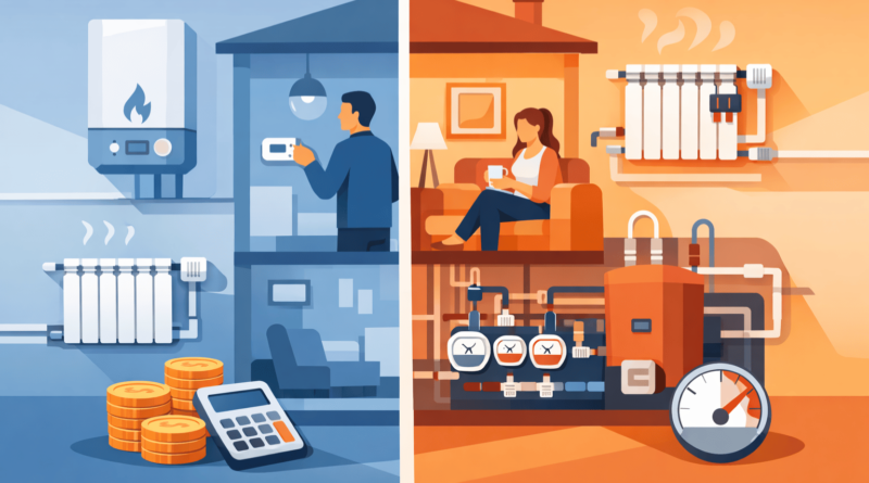 Confronto tra riscaldamento autonomo e centralizzato in appartamento, con caldaia, termosifoni e contabilizzazione dei consumi per valutare costi, comfort e valore immobiliare.