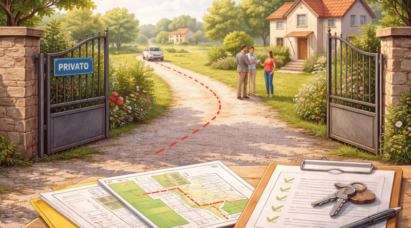 Vialetto con cancello e percorso di servitù di passaggio evidenziato verso una casa, con documenti e mappa sul tavolo