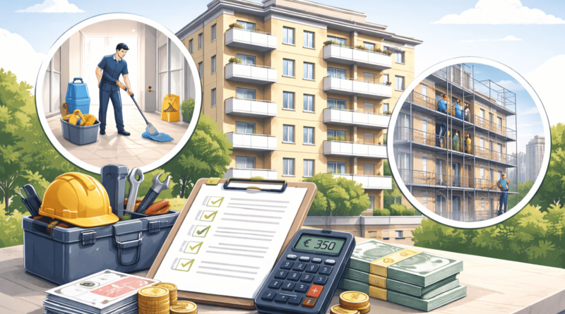 Illustrazione di un condominio con calcolatrice, elenco spese e lavori di manutenzione ordinaria e straordinaria, per spiegare le spese condominiali prima di comprare casa.