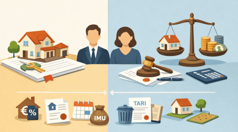 Illustrazione minimal su tasse della casa ereditata: successione, imposte ipotecaria e catastale, IMU e TARI, con casa, documenti e calcolatrice.