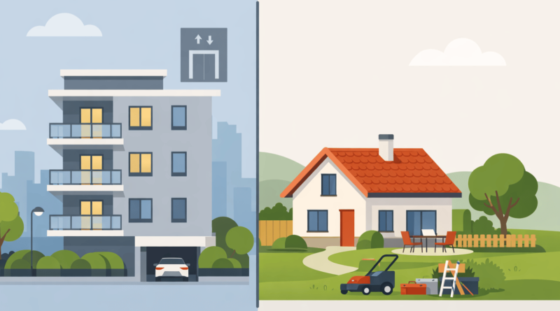 Confronto visivo tra trilocale in condominio e villetta indipendente con giardino, rappresentazione dei costi nascosti e delle differenze di qualità di vita.