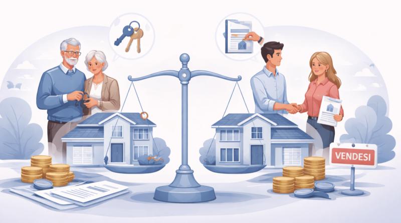 Illustrazione che rappresenta la differenza tra usufrutto e nuda proprietà con due abitazioni, proprietari e bilancia giuridica