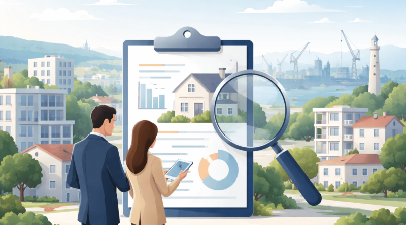 Illustrazione minimal professionale sulla valutazione immobiliare a Monfalcone 2026 con analisi del valore di mercato di una casa e report di stima immobiliare