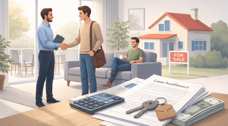 Vendita di un immobile affittato con inquilino presente, contratto di locazione sul tavolo e passaggio di proprietà tra venditore e acquirente.