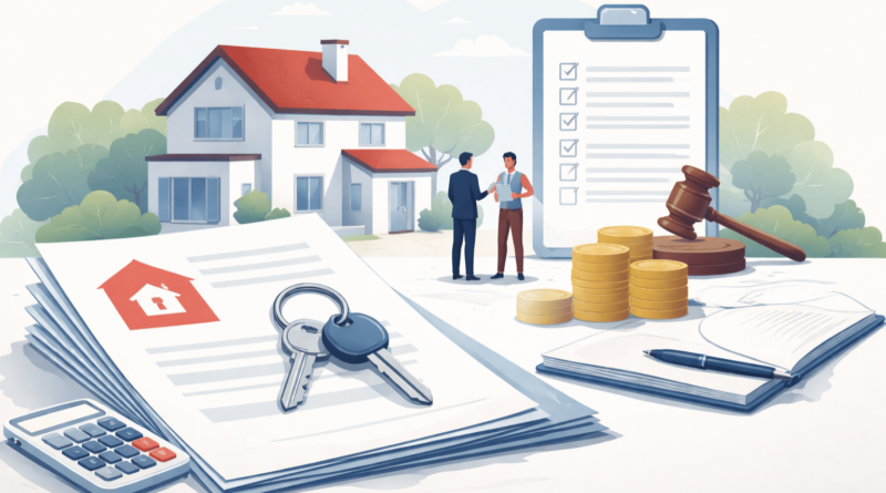 Illustrazione minimal di compravendita con casa, documenti e chiavi: vendita di casa con ipoteca, estinzione mutuo e cancellazione al rogito.