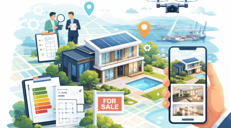 Illustrazione minimal di casa in vendita a Monfalcone con strumenti digitali, valutazione immobiliare, APE e virtual tour per vendita casa nel 2026