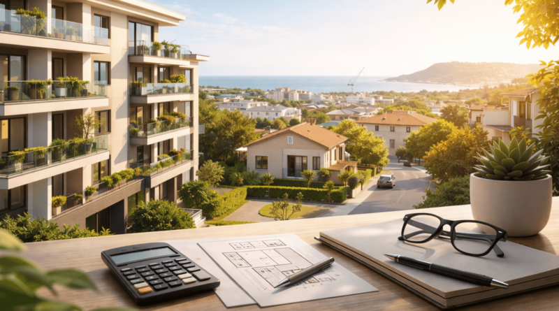 Vista residenziale di Monfalcone con documenti immobiliari e calcolatrice, concetto di analisi dei tempi di vendita casa e strategia di prezzo nel mercato immobiliare locale