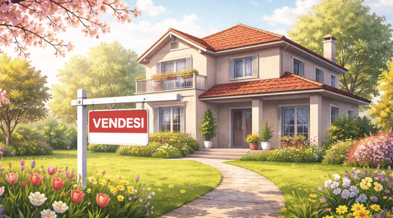 Casa in vendita con giardino fiorito in primavera e cartello vendesi, simbolo del periodo migliore per vendere casa nel 2026