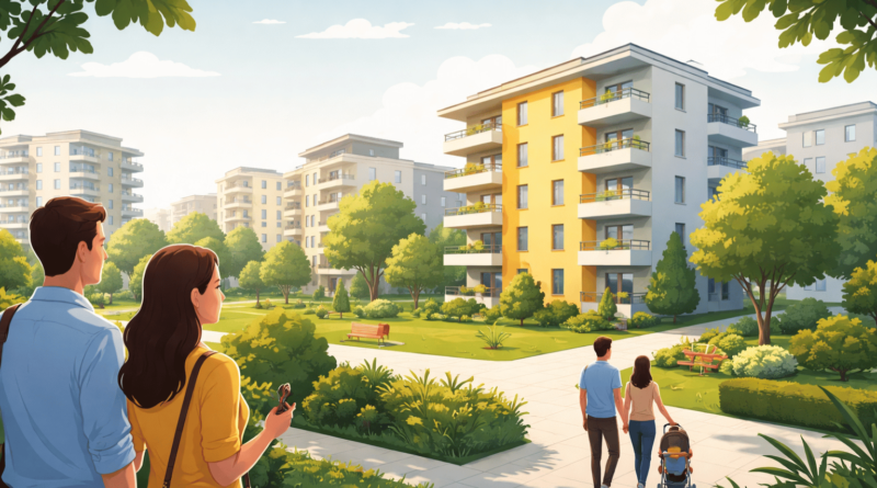 Quartiere residenziale moderno in zona Aris a Monfalcone con palazzi, verde e contesto familiare, simbolo di domanda immobiliare stabile e zona centrale