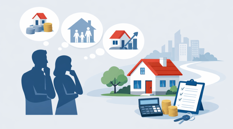 Illustrazione minimal che rappresenta un compratore che valuta l’acquisto di una casa analizzando costi, famiglia, investimento e qualità dell’immobile prima di comprare.