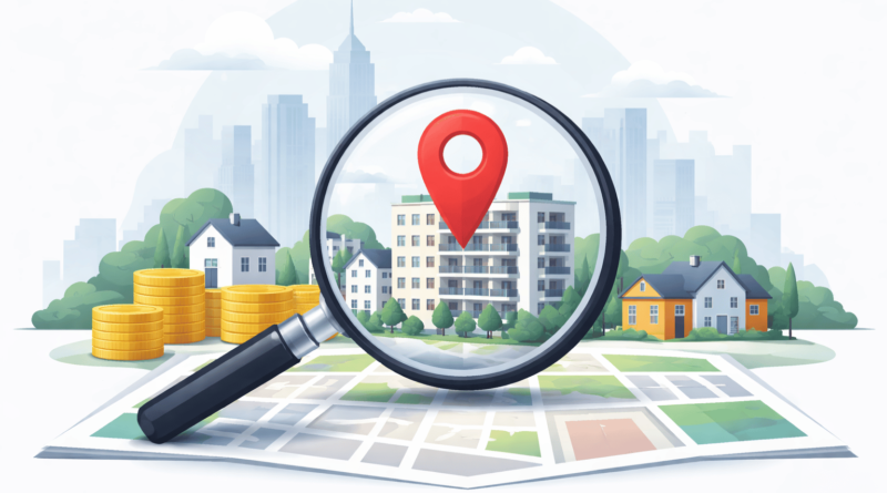Illustrazione minimal di una lente di ingrandimento su una mappa urbana con edifici residenziali, simbolo del ruolo della posizione nel valore degli affitti nel mercato immobiliare.