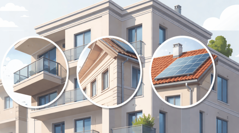 Edificio condominiale con balconi, facciata e tetto a vista che rappresenta le parti comuni e private in condominio