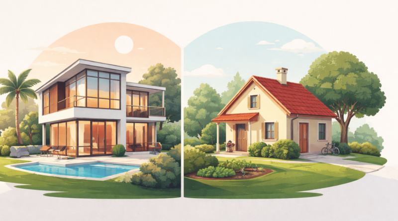 Illustrazione minimal di due case che rappresentano la differenza tra una casa bella e una casa giusta nella scelta immobiliare.