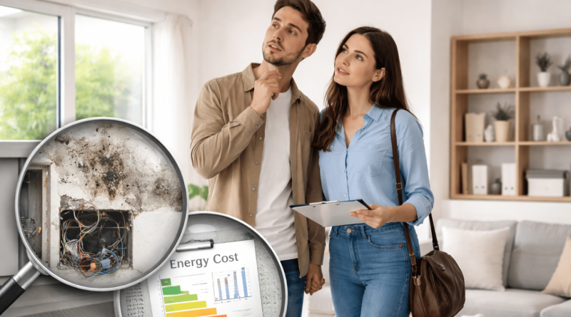 Coppia visita un appartamento e analizza possibili problemi nascosti prima di comprare casa durante una valutazione immobiliare.