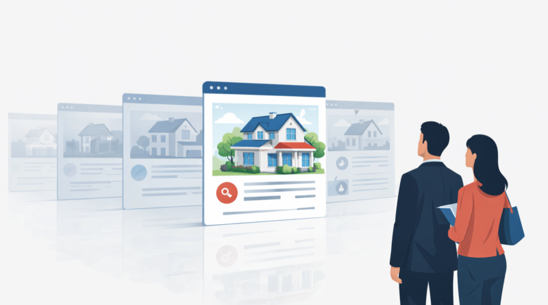 Casa in evidenza nei portali immobiliari online mentre acquirenti confrontano annunci di vendita nel mercato immobiliare digitale