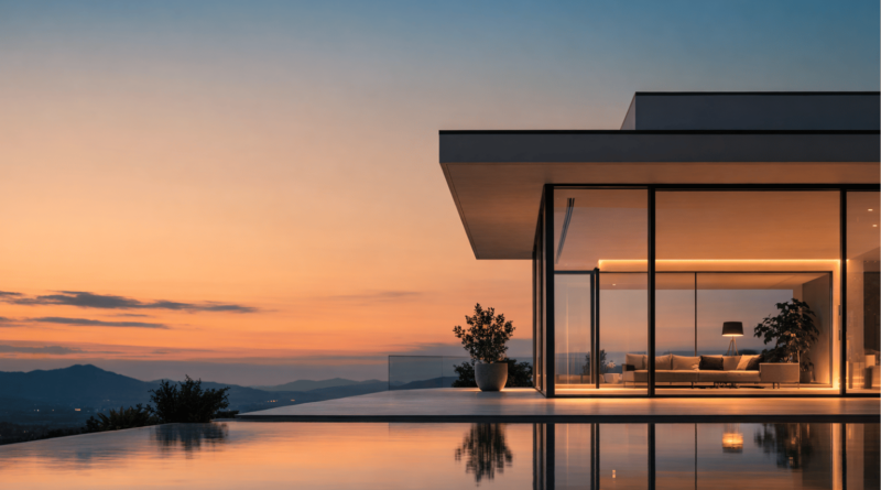Casa moderna minimalista al tramonto con grandi vetrate e luce calda che crea un’atmosfera accogliente, simbolo delle case che restano nel cuore degli acquirenti nel mercato immobiliare.
