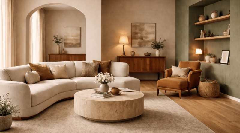 Soggiorno elegante 2026 con pareti neutre calde, verde salvia e arredi in legno naturale secondo i nuovi trend interior design.