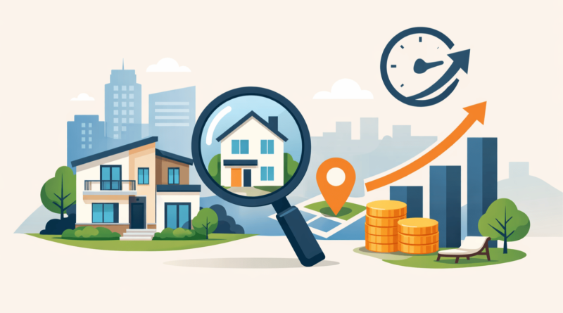 Illustrazione minimal di casa con lente d’ingrandimento, mappa con posizione e grafico di crescita che rappresenta i fattori che determinano il valore di un immobile nel tempo nel mercato immobiliare.