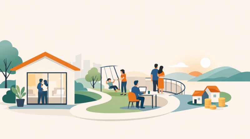 Illustrazione minimal di una casa con persone che vivono momenti quotidiani, simbolo della scelta di comprare casa come decisione di vita e non solo investimento immobiliare.