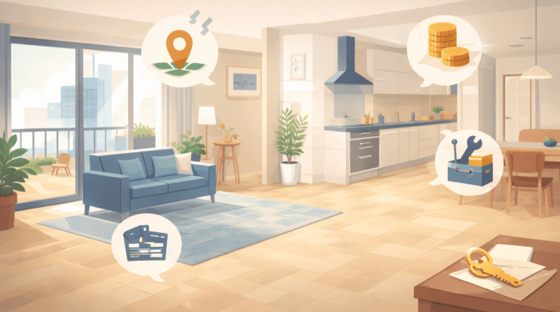 Illustrazione minimal di un soggiorno con cucina open space che rappresenta la vita quotidiana in una casa dopo l’acquisto, con simboli di posizione, costi e manutenzione nel mercato immobiliare.
