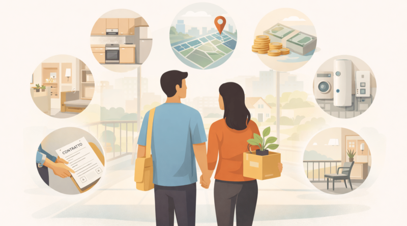 Illustrazione minimal di una coppia che valuta una casa in affitto con elementi che rappresentano zona, costi, comfort abitativo, contratto di locazione e funzionalità degli spazi.