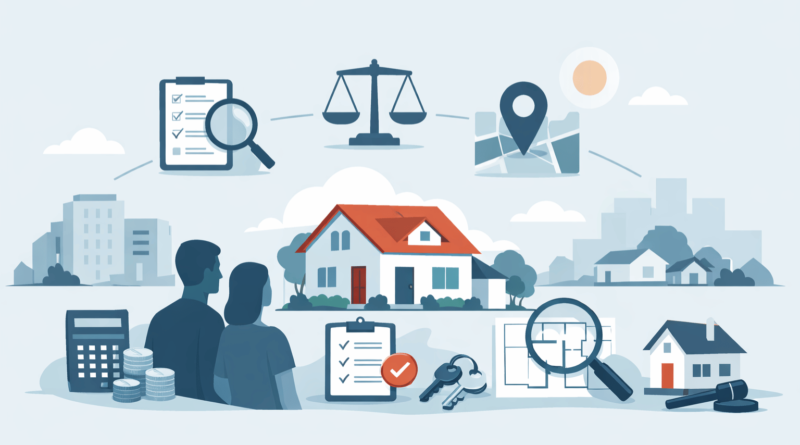 Illustrazione minimal di una coppia che valuta l’acquisto di una casa con icone di checklist, documenti, posizione e planimetria, simboli delle verifiche da fare prima di comprare casa.