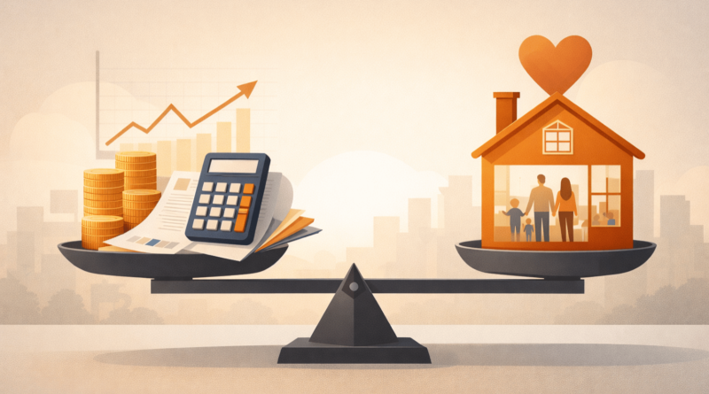 Illustrazione di una bilancia che rappresenta l’equilibrio tra valore economico e valore emotivo nelle decisioni immobiliari di acquisto e vendita casa