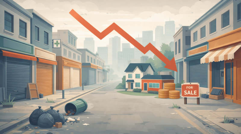 Illustrazione minimal di strada urbana con negozi chiusi e serrande abbassate che rappresenta la desertificazione commerciale e il suo impatto sul valore degli immobili e delle case nel quartiere.